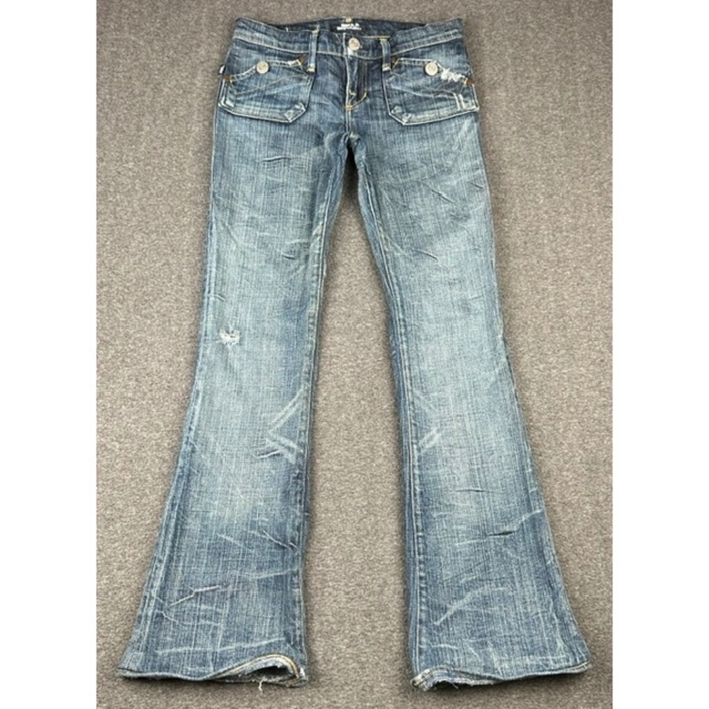 Rock & Republic Morphine Low Rise Flare Jeans Medium Wash Distressed Size 26